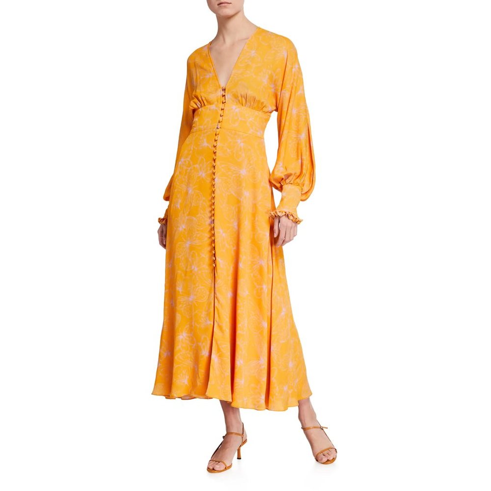 Lela Rose Butterfly-Print Georgette V-Neck Dress